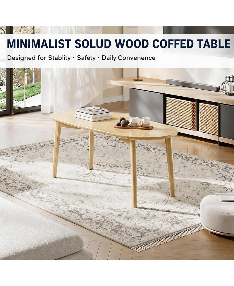Wood Oval Coffee Table, 39.4" Beech Wood Center Table with Natural Wood Grain, Modern Nordic Low Sofa Table for Living Room, Bedroom or Small Space