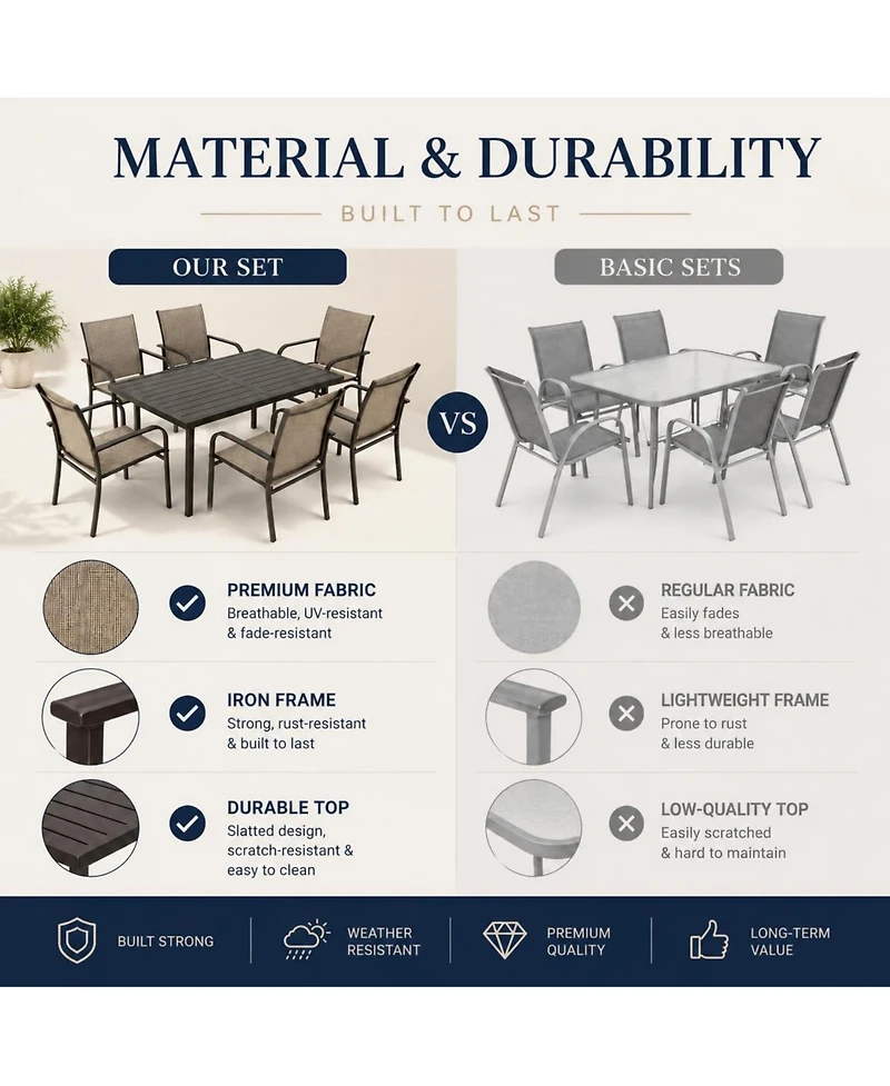 7-Piece Outdoor Patio Dining Set with 55" Rectangular Table and 6 Stackable Textilene Chairs, Wood-Grain Finish, Rust-Resistant Steel Frame