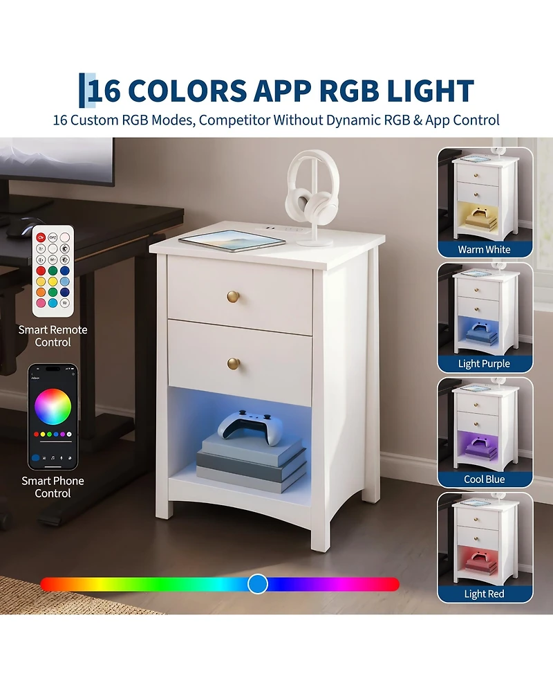 Nightstand with Charging Station, Led Light Strip, 2 Drawers and Open Shelf, Modern Mid-Century Bedside Table for Bedroom or Dorm