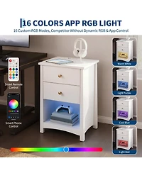 Nightstand with Charging Station, Led Light Strip, 2 Drawers and Open Shelf, Modern Mid-Century Bedside Table for Bedroom or Dorm