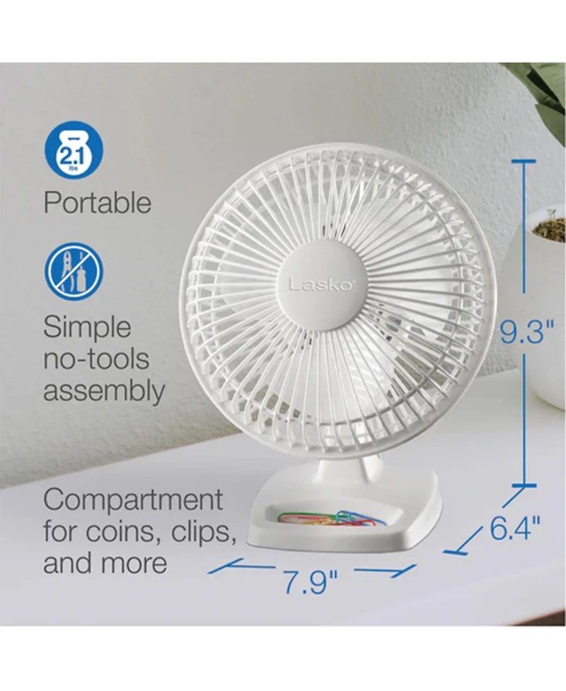 Lasko 6 Inch 2002W 2 Speed Personal Portable Table Fan with Storage Tray, White