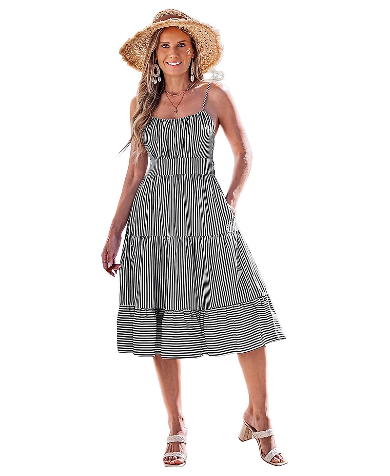 Cupshe Women's Vertical-Stripe Spaghetti-Strap Tiered Midi Dress