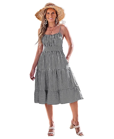 Cupshe Women's Vertical-Stripe Spaghetti-Strap Tiered Midi Dress