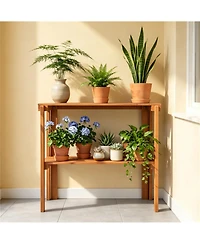 Slickblue 2-Tier Slatted Wood Shoe and Plant Stand with Folding Design