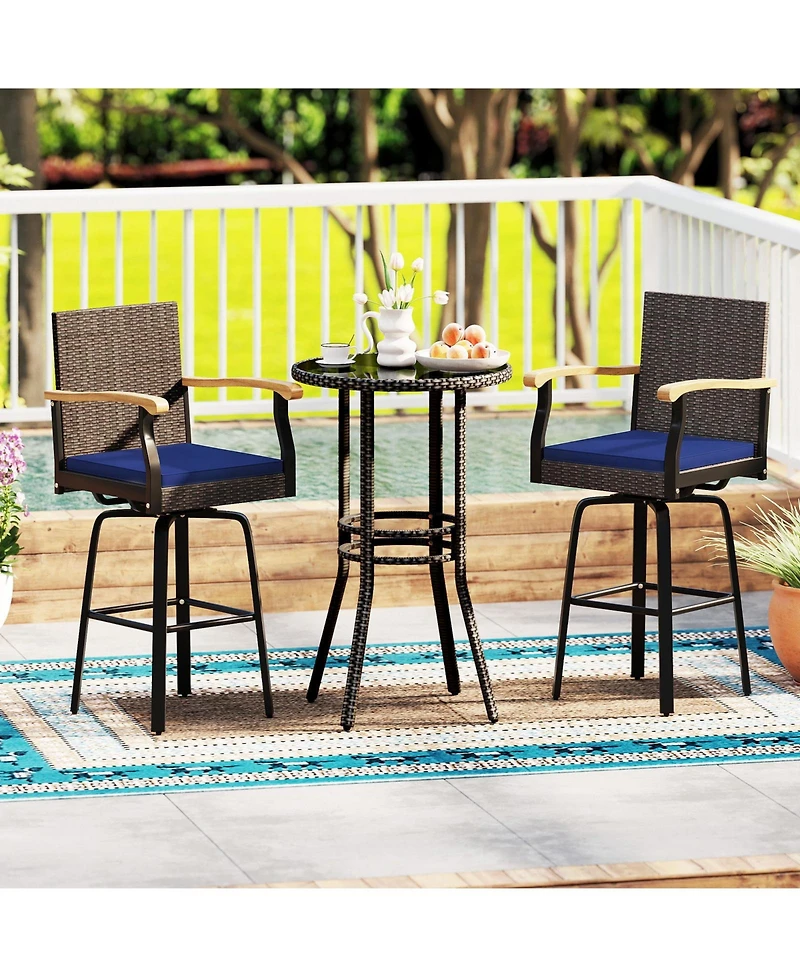 Gymax 4PCS 29'' Outdoor 360-Degree Swivel Bar Stool Cushion Acacia Wood Armrests Footrest