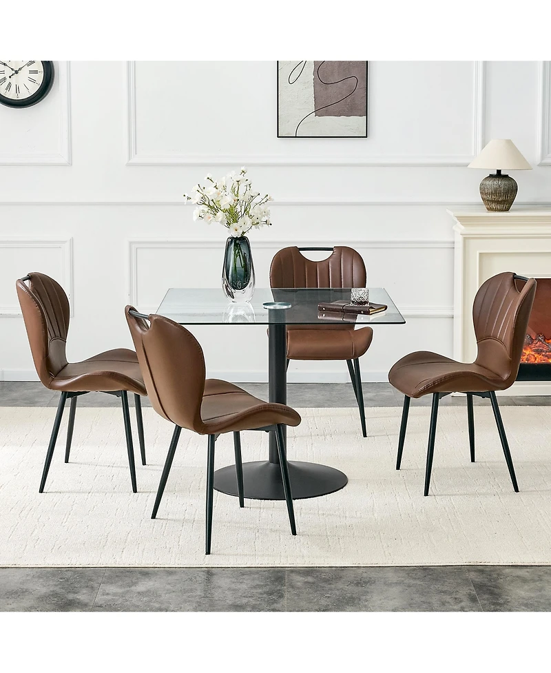 Flynama 5-Piece Square Glass Dining Set, Single-Column Metal Table and 4 Pu Handle Chairs