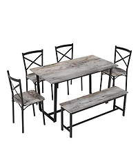 Flynama 6-Piece Industrial Dining Set, Mdf Table, 4 Chairs and 1 Bench