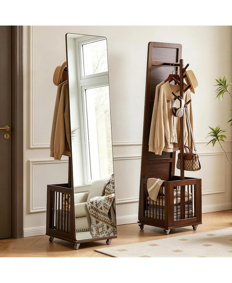 Busdays Solid Wood Rolling Coat Rack with Storage Basket Freestanding Multi Hook Garment Stand with Wheels Mobile Organizer for Entryway Bedroom