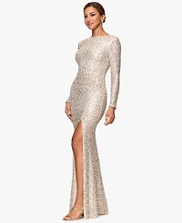 Xscape Petite Allover-Sequin Boat-Neck Long-Sleeve Dress