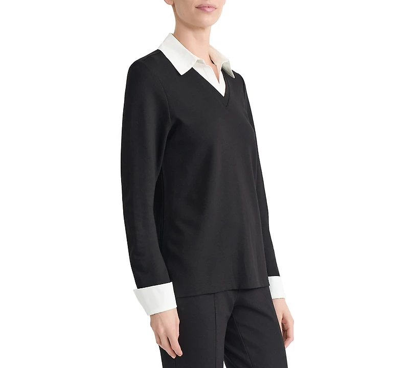 Jones New York Women's Twofer Long-Sleeve Collared V-Neck Woven-Cuff Blouse