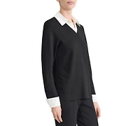 Jones New York Women's Twofer Long-Sleeve Collared V-Neck Woven-Cuff Blouse