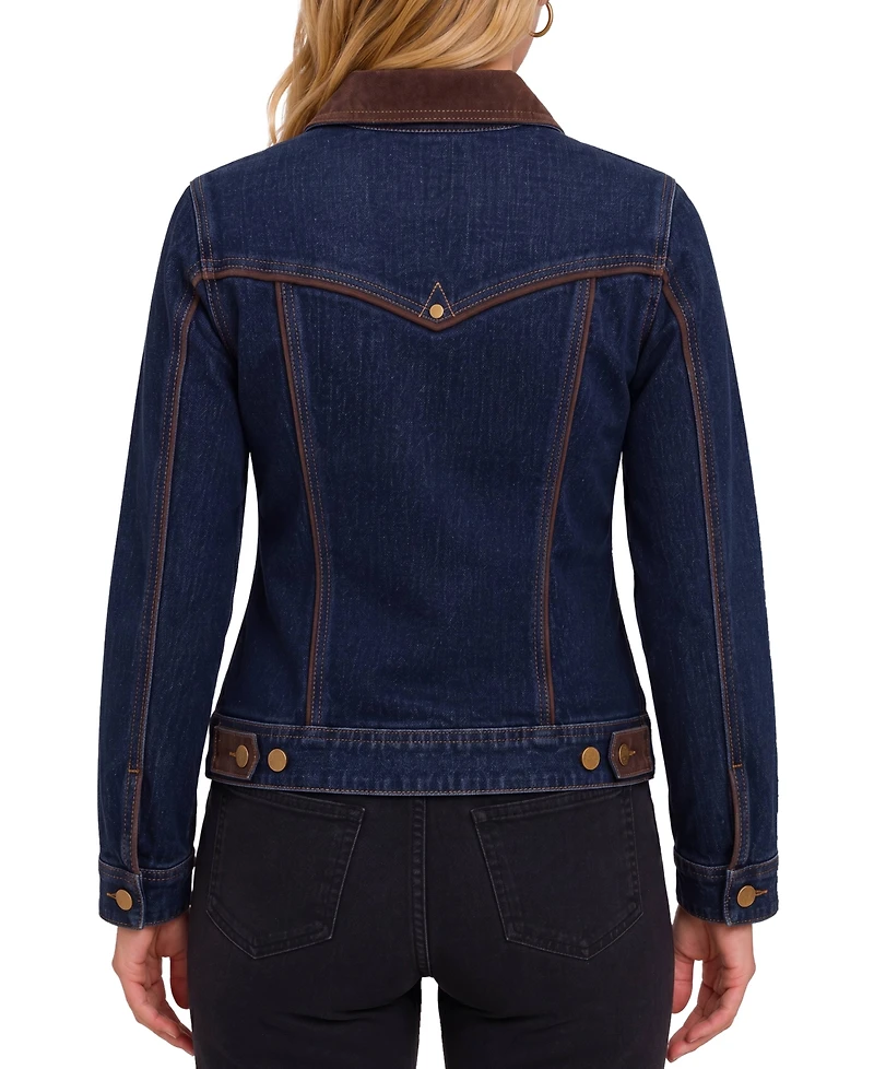 Liverpool Los Angeles Women's Crosshatch Stretch Denim Velvet-Trim Dark-Wash Jacket