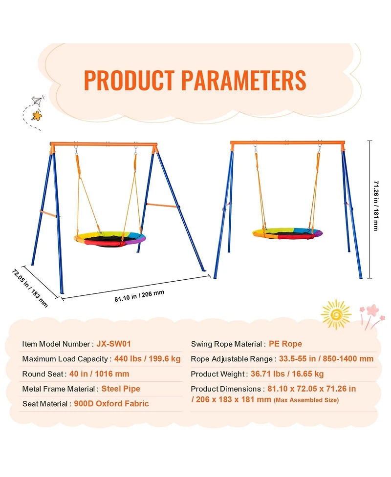 Mecale Backyard Swing Set, 40" Saucer with Heavy-Duty A-Frame Metal Stand & Adjustable Rope, 440 Lb. Capacity, Ages 3+