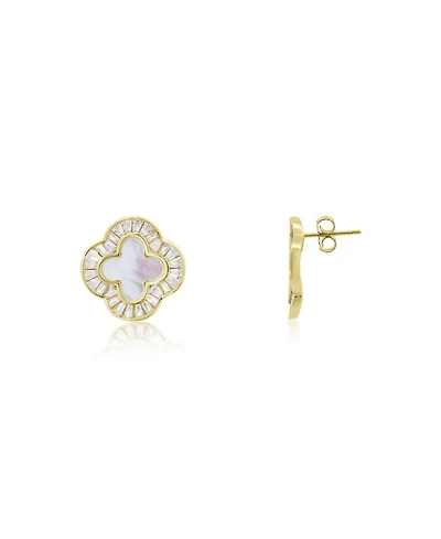 The Lovery Large Mother of Pearl Cz Clover Stud Earrings 14K Gold-Plated Sterling Silver
