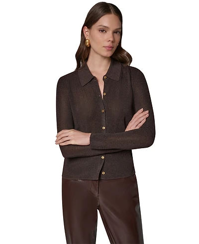 Donna Karan New York Petite Long-Sleeve Metallic-Knit Polo