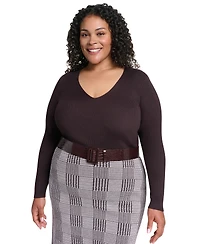Dkny Plus Houndstooth-Plaid V-Neck Long-Sleeve Dress