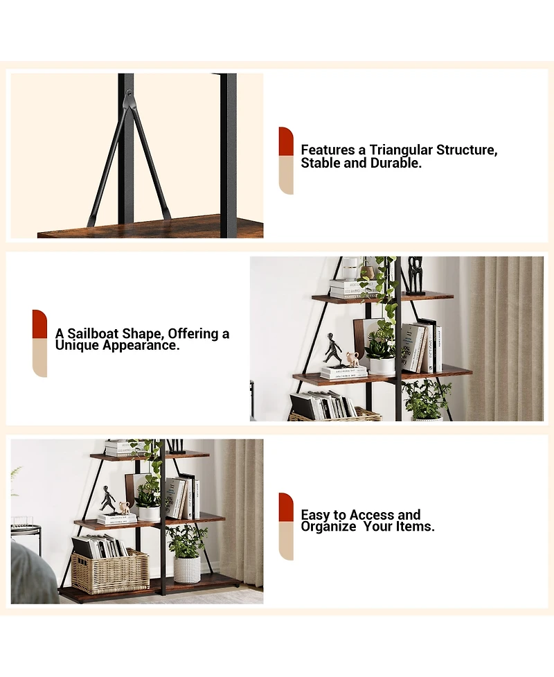 gaomon 4-Tier Industrial A-Frame Ladder Bookshelf,Metal Frame Retro Wood Display Rack for Living Room and Home Office Storage