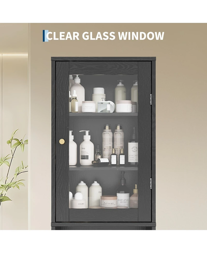 gaomon 67 Tall Bathroom Storage Cabinet, Slim Glass-Door Freestanding Towel Cabinet with Anti-Tip Design