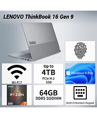 Lenovo ThinkBook 16" Fhd+ Business Laptop, Amd Ryzen 7 250, Amd Radeon Graphics, 32GB DDR5, 4TB Ssd, Wi-Fi 7, Win11 Pro, Grey