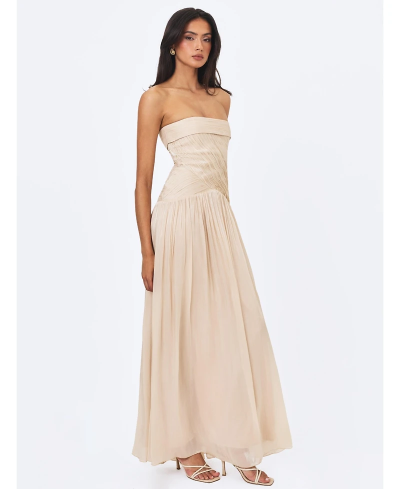 Miss Circle Women's Olivine Light Beige Crystal Organza Strapless Maxi Dress