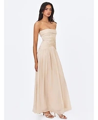 Miss Circle Women's Olivine Light Beige Crystal Organza Strapless Maxi Dress