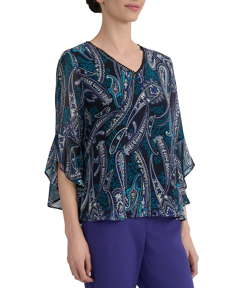 Kasper Women's Printed V-Neck Ruffle-Sleeve Blouse