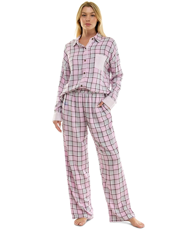 Roudelain Women's Flannel Collared Long-Sleeve Shirt and Pant Pajama Set