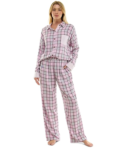 Roudelain Women's Flannel Collared Long-Sleeve Shirt and Pant Pajama Set