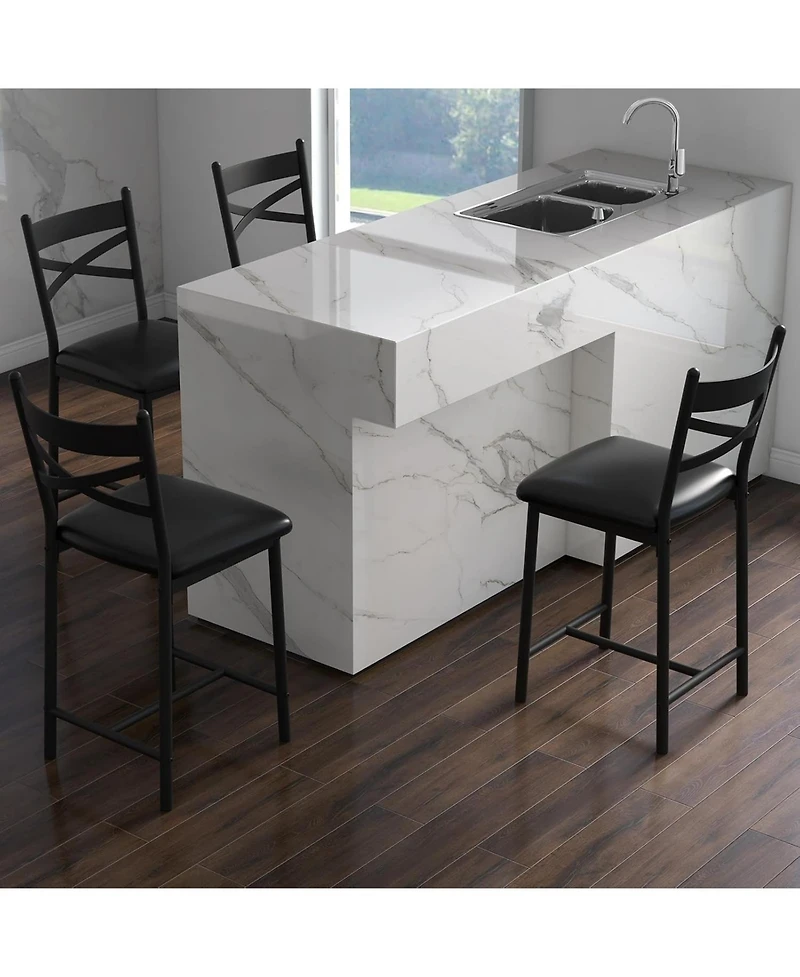 Bar Stools Set of 4, Black Bar Stools Set of 4 with X-Shaped Backrest and Metal Footrest, Metal Bar Stools Set of 4, Barstools Set of 4 for Dining Roo