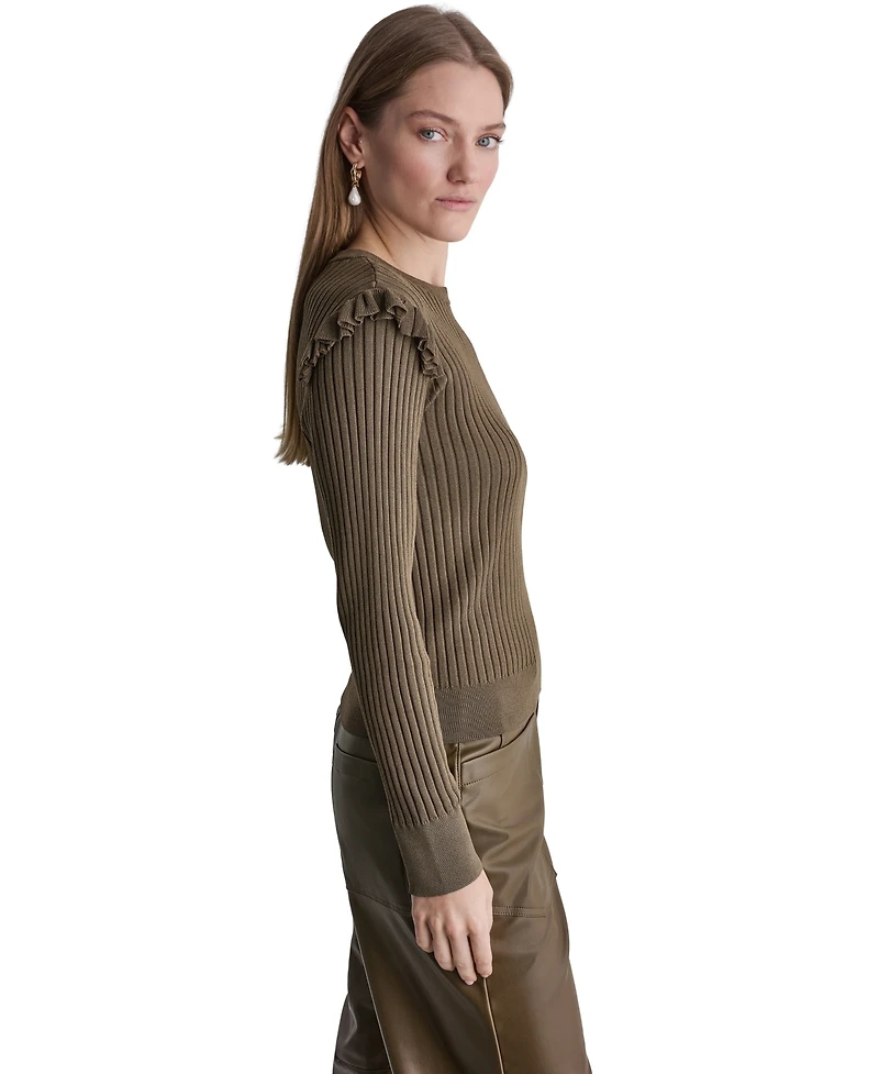 Bcbg Women's Ruffle-Trim Ribbed-Knit Long-Sleeve Crewneck Sweater