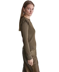 Bcbg Women's Ruffle-Trim Ribbed-Knit Long-Sleeve Crewneck Sweater
