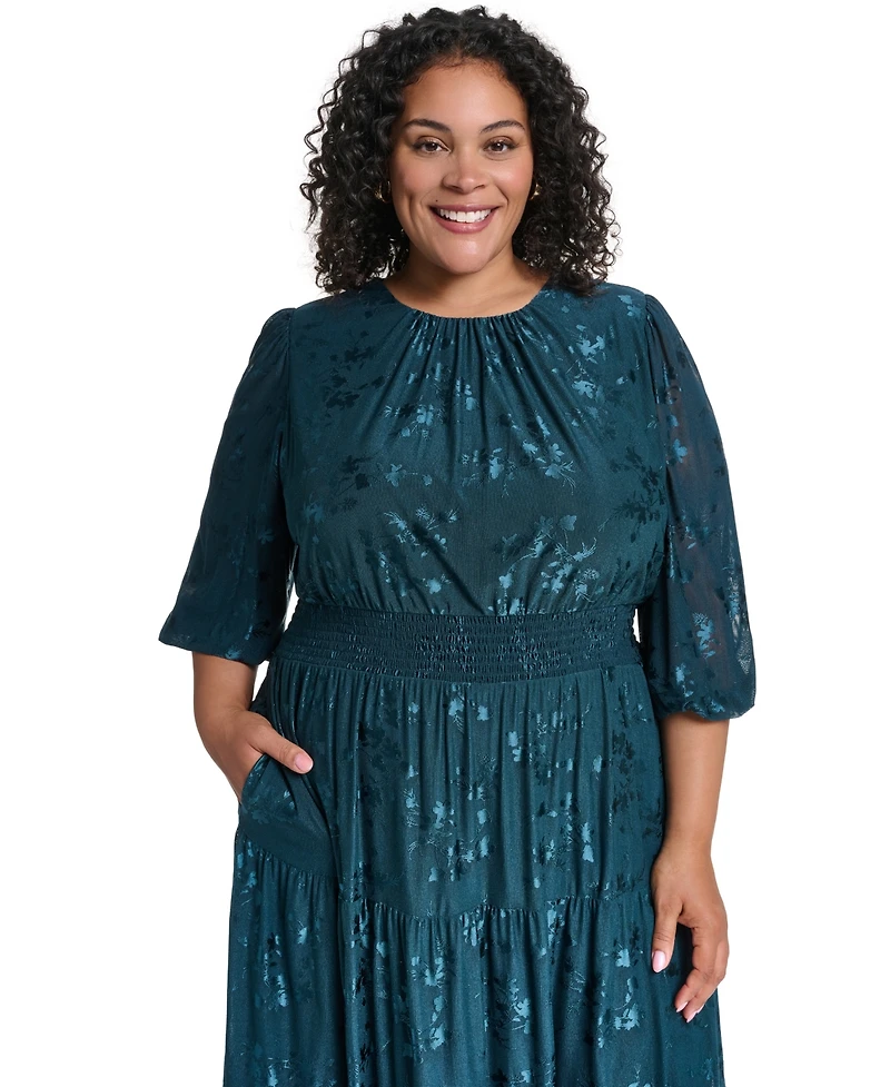 Jessica Howard Plus Smocked Waist 3/4 Sleeve Tiered Midi Dress