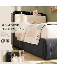 Upholstered Bed Frame with Shelf and Drawers, Chenille Platform Built Headboard for Phone Books, Easy Assembly