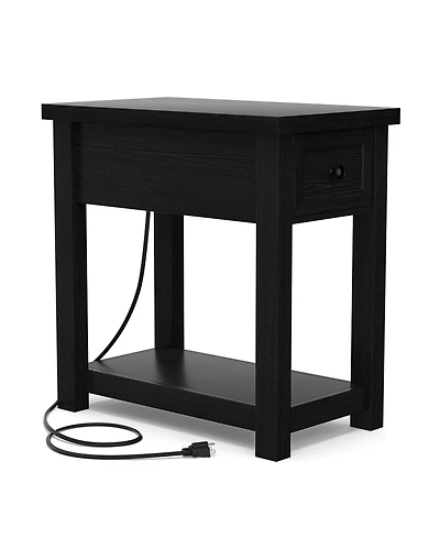 Aheaplus Wooden Farmhouse End Table with Charging Station and Drawer and Shelf