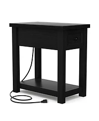 Aheaplus Wooden Farmhouse End Table with Charging Station and Drawer and Shelf