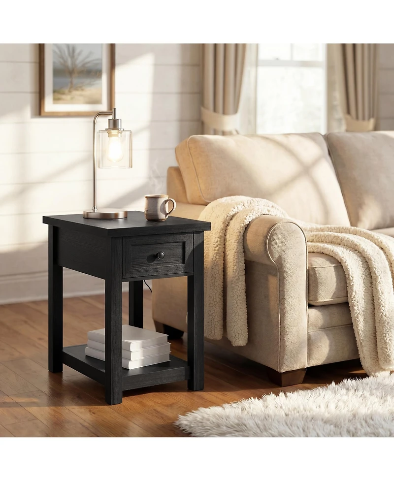 Aheaplus Wooden Farmhouse End Table with Charging Station and Drawer and Shelf
