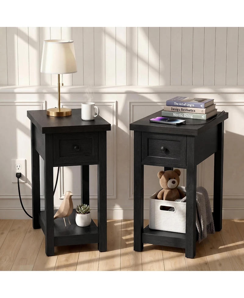 Aheaplus Set of 2 14" Wooden Nightstands with Charging Station and Drawer