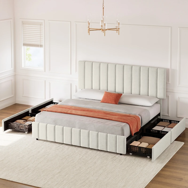 Gaomon Modern Upholstered Platform Bed Frame Featuring 4 Storage Drawers, Adjustable Height Headboard, Heavy Duty Construction