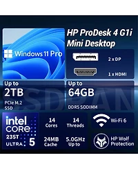 Hp ProDesk 4 Ai Mini Desktop, Core Ultra 5 235T, Intel Graphics, 32GB DDR5, 512GB Ssd, Wi-Fi 6, Wired Keyboard & Mouse, Win11 Pro, Black