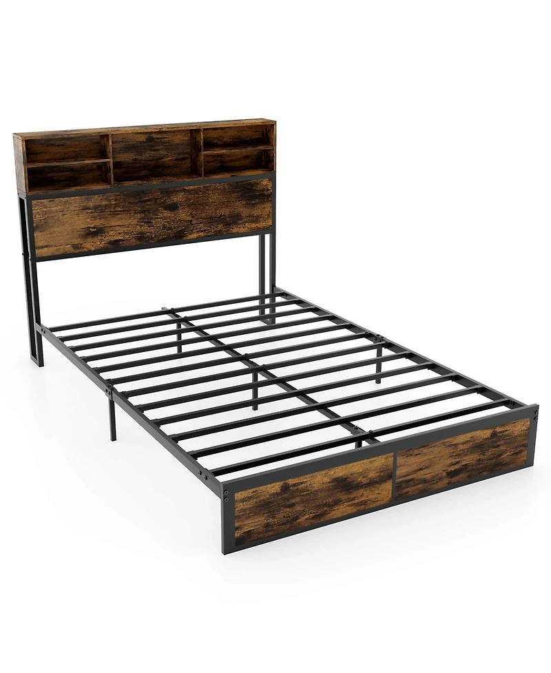 Full Bed Frame with Charging Station Storage Headboard Under-bed Space