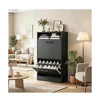 Slickblue 2 Large Flip-Down Drawer Shoe Cabinet with Open Top Storage Shelf
