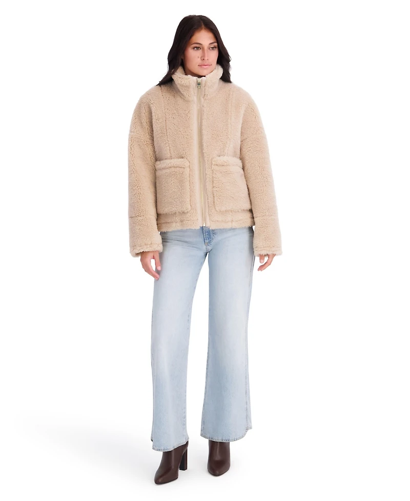Kensie Women's Faux Fur Jacket With Patch Pockets And Funnel Neck