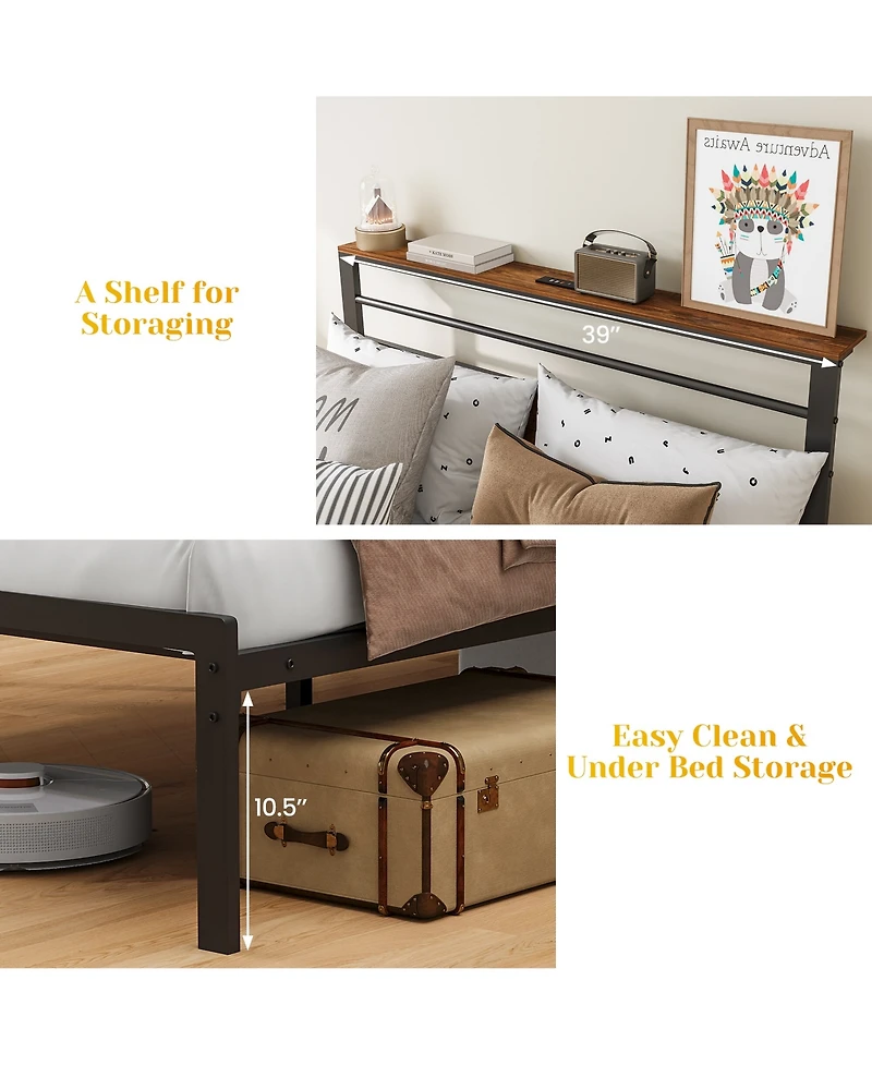 Slickblue Twin Size Bed Frame with Headboard, Storage Shelf and Metal Frame