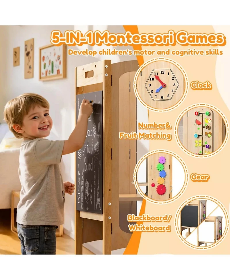 Fed Fitness Foldable Montessori Toddler Tower, Adjustable Kids Kitchen Helper Stool with Safety Net, Detachable Step Stool and Educational Games