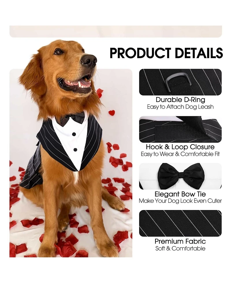 Formal Tuxedo and Bandana Set with Detachable Bowtie Collar and D-Ring for Dogs