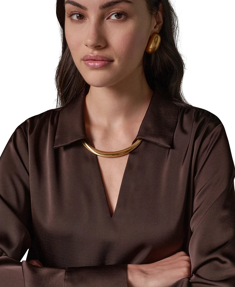Donna Karan New York Women's Long-Sleeve Satin V-Neck Collared Blouse