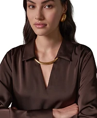 Donna Karan New York Women's Long-Sleeve Satin V-Neck Collared Blouse