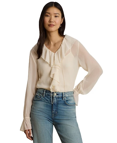 Lauren Ralph Women's Ruffle-Trim V-Neck Blouse
