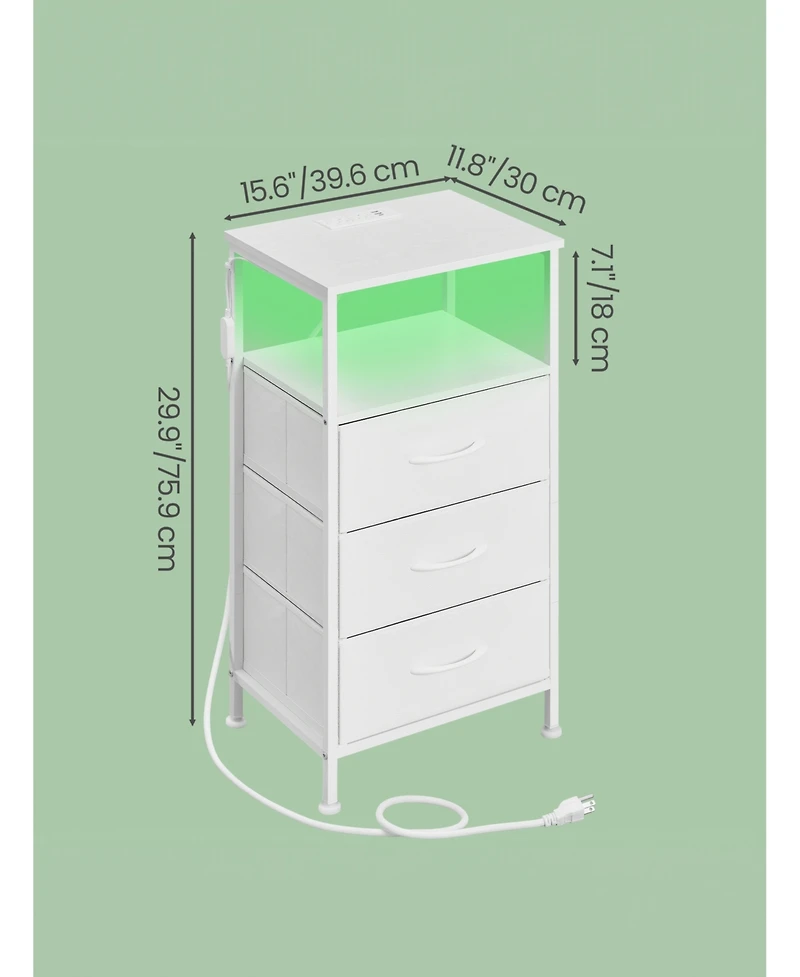 SongmicsHome Bedroom Bedside Table with Led Lights and Charging Station, Nightstand with 3 Drawers and 1 Shelf