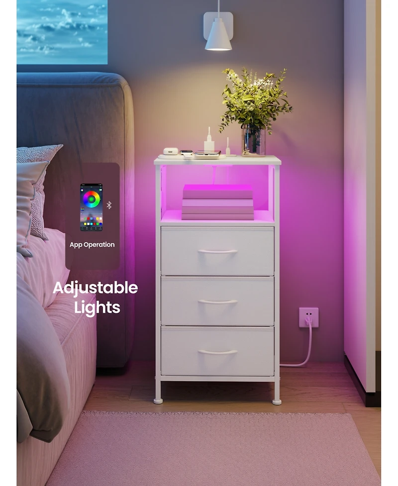 SongmicsHome Bedroom Bedside Table with Led Lights and Charging Station, Nightstand with 3 Drawers and 1 Shelf